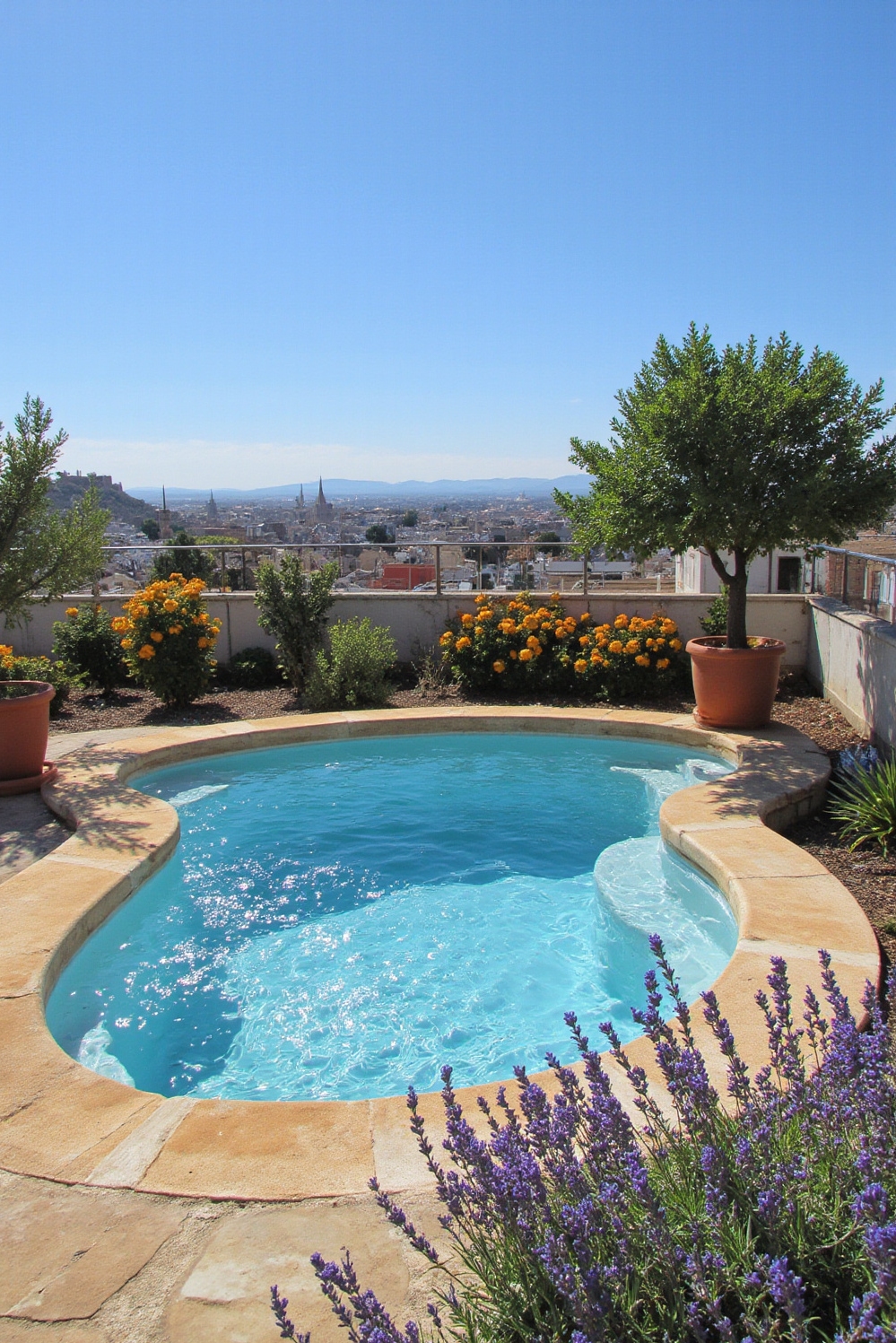 urban garden ideas - Rooftop Poolside Edible Gardens - Sunlight sparkles across the turquoise water of a...