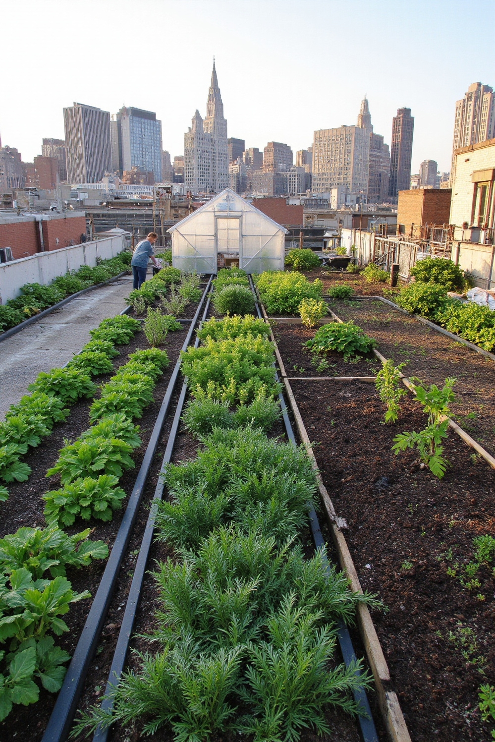 urban garden ideas - Productive Urban Rooftop Gardens - The golden hour bathes a sprawling rooftop farm...