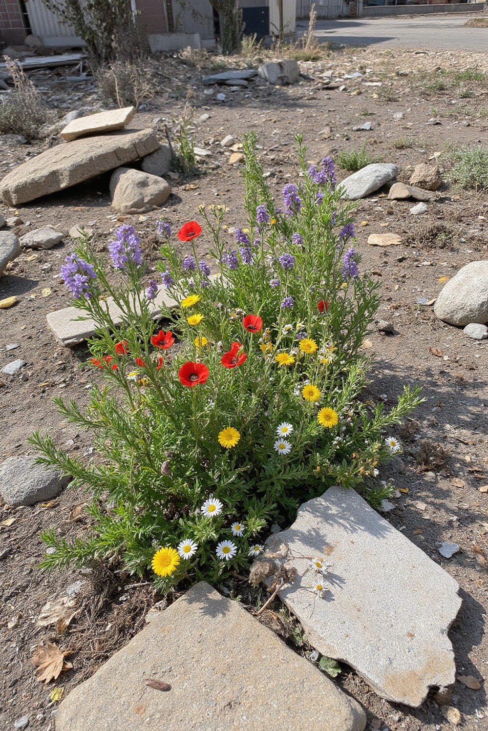urban garden ideas - Defiant Greenery Ignites Urban Spaces - Spring sunlight bathes a forgotten urban lot, igniting...