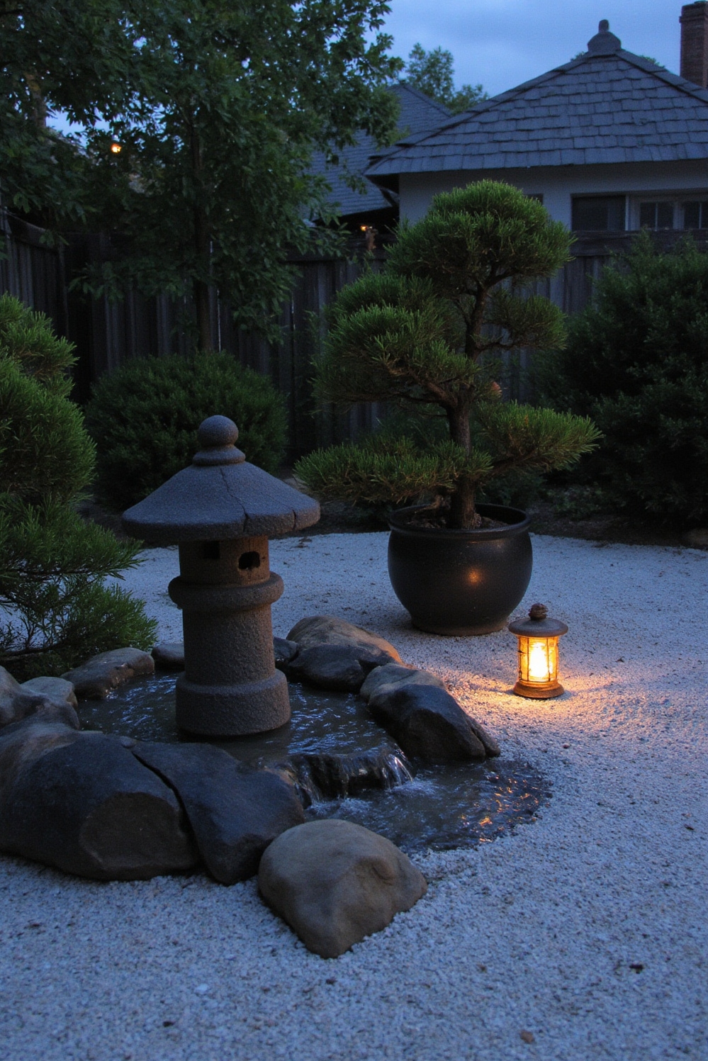 urban garden ideas - Urban Zen Garden Retreat - Twilight descends, and a miniature stone lantern casts...
