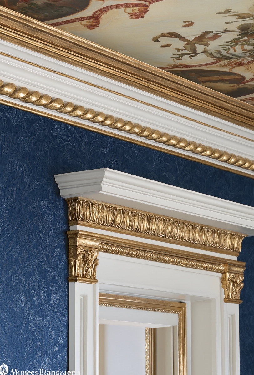 wall moldings - Gilded Grandeur: Molding Details - Burnished antique gold rope molding defines the space,...