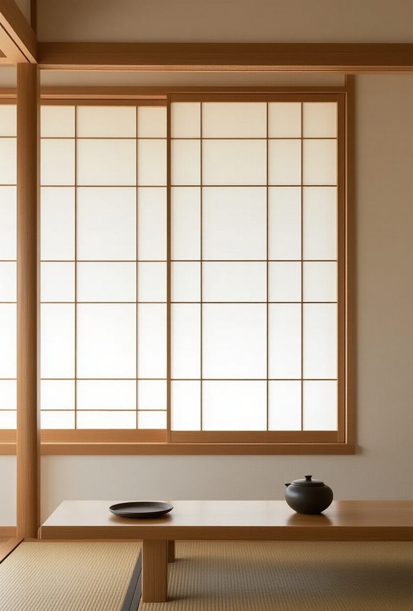 wall moldings - Subtle Japanese Moldings: Artful Minimalism - Sunlight streams gently through a shoji screen, illuminating...