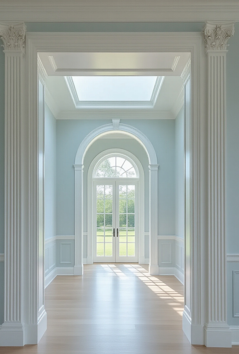 wall moldings - Pilasters, Panels: Grand Wall Style - Sunlight streams down from a hidden skylight, revealing...
