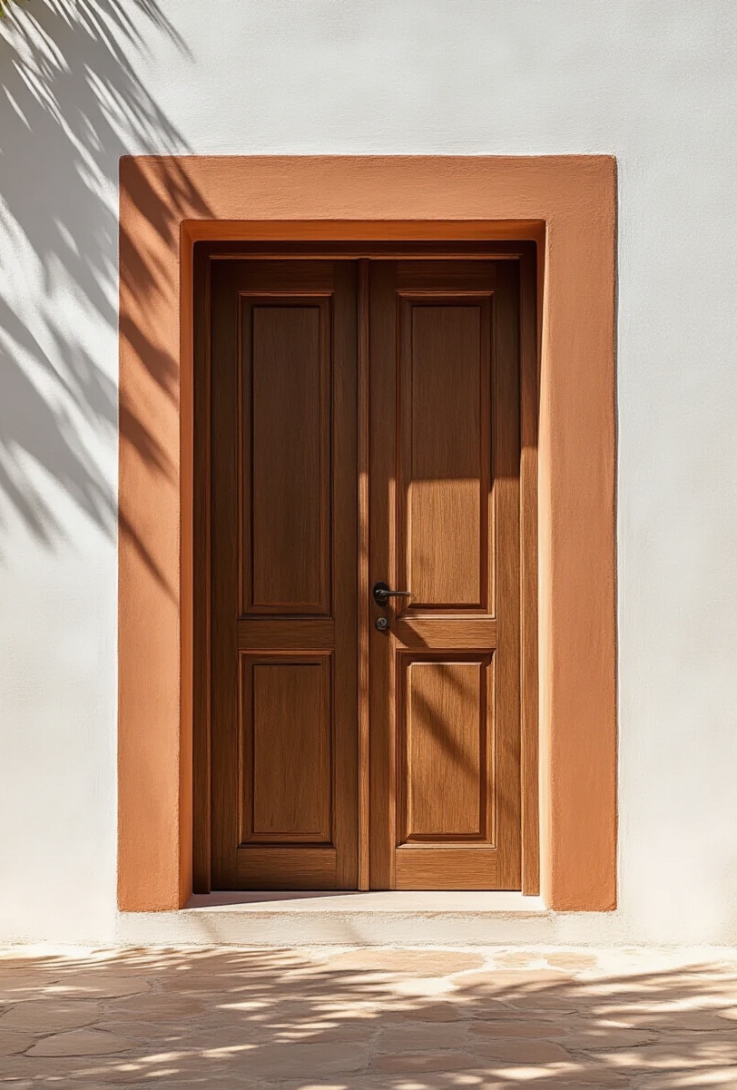 wall moldings - Terracotta Moldings: Sun-Drenched Style - Sunlight blazes across a whitewashed stucco wall, showcasing...