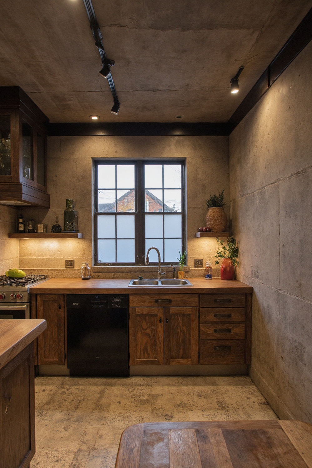 Industrial kitchen design - Basement Industrial Style - Light and warmth in a basement kitchen