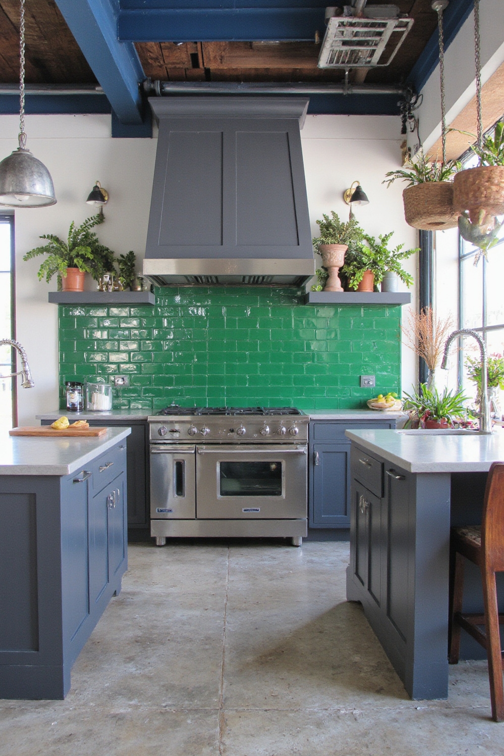 Industrial kitchen design - Colorful Industrial Kitchens - Navy beams and emerald backsplash