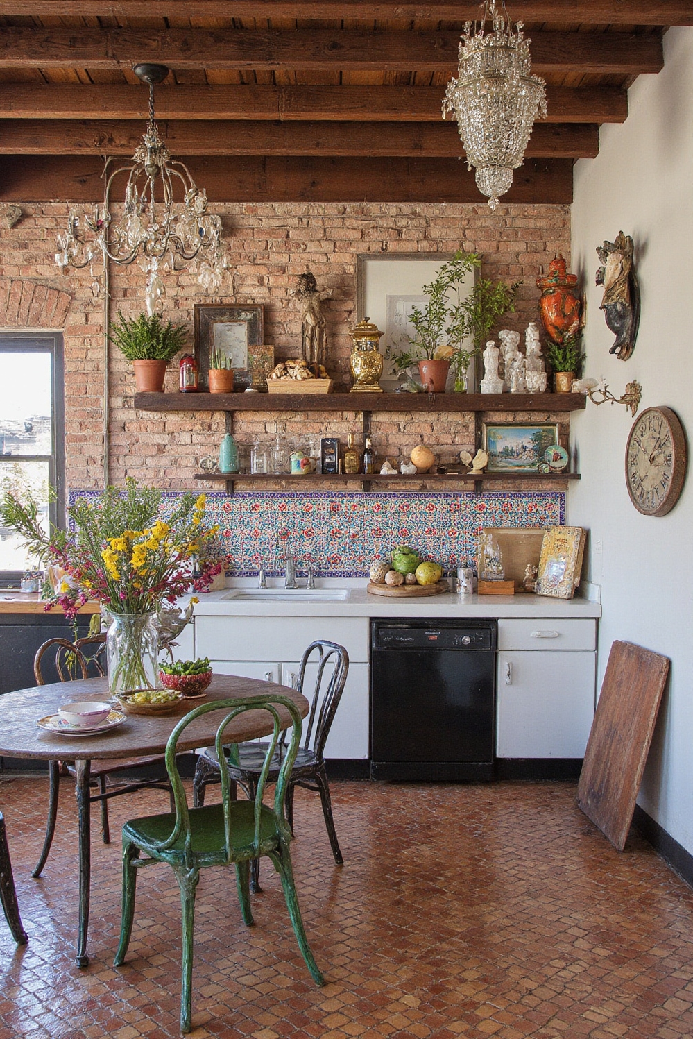 Industrial kitchen design - Bold Artistic Industrial Kitchens - Moroccan tile backsplash and vintage chairs