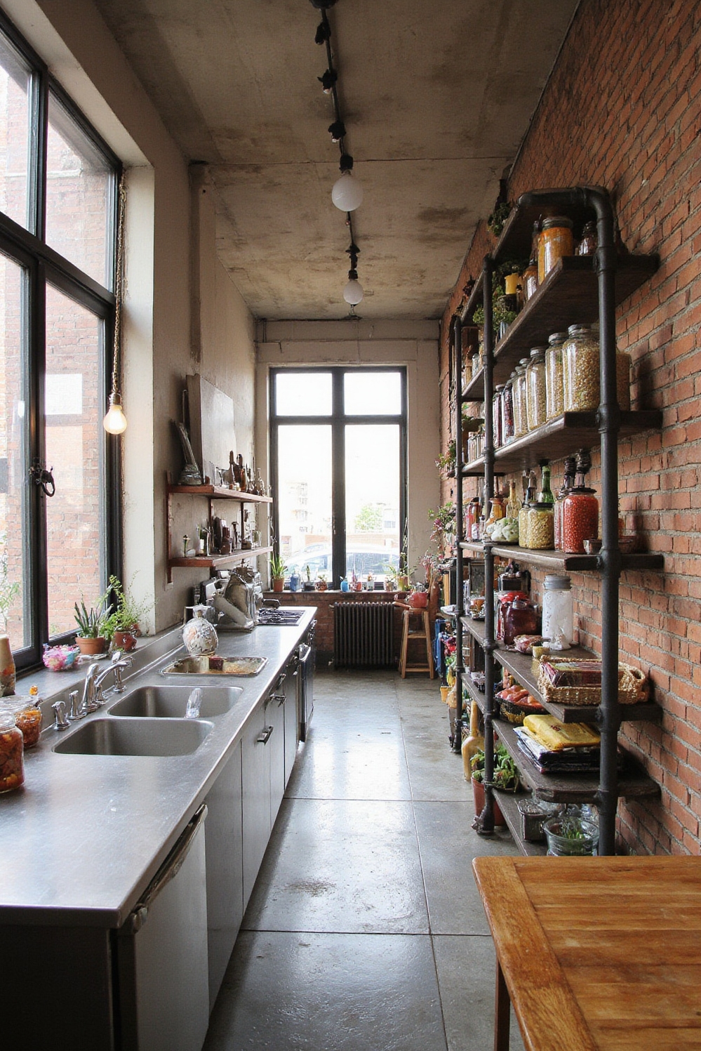 Industrial kitchen design - Bright Urban Industrial Kitchens - Galley kitchen with exposed brick and steel windows