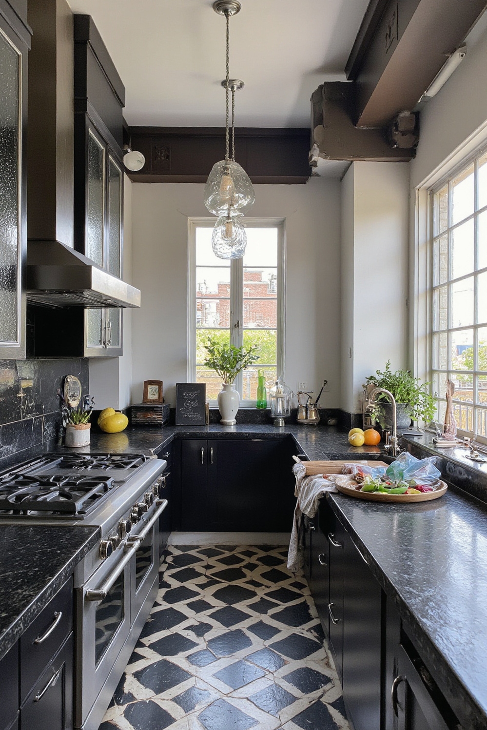 Industrial kitchen design - Art Deco Industrial Kitchens - Black granite and chrome details