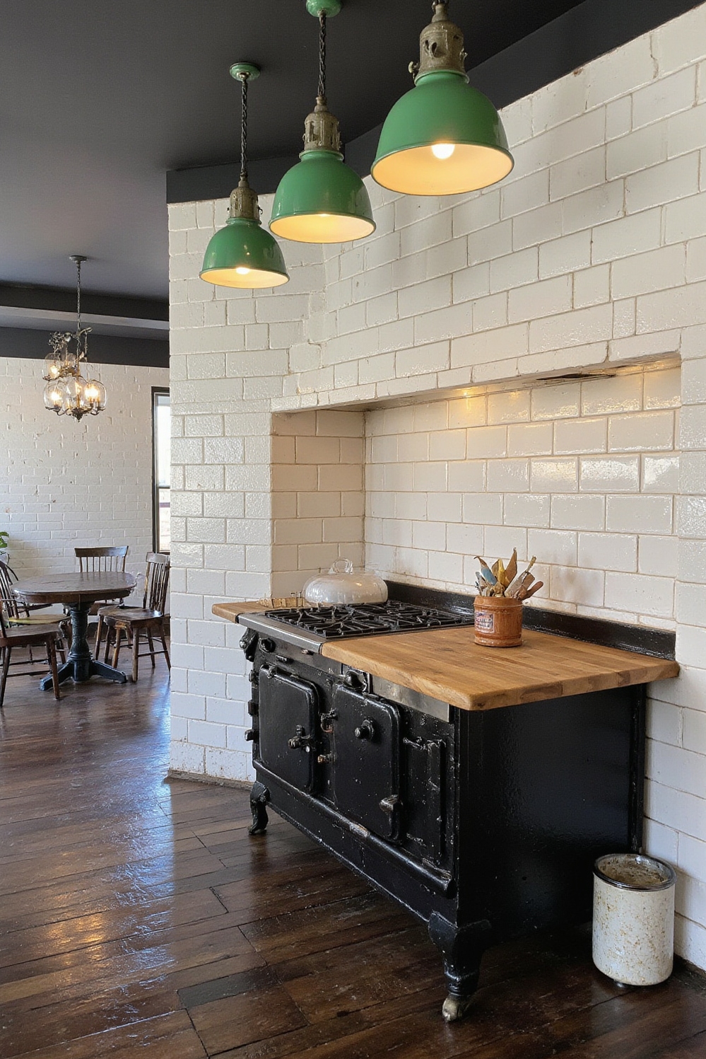 Industrial kitchen design - Vintage Industrial Kitchen - White subway tiles and butcher block island