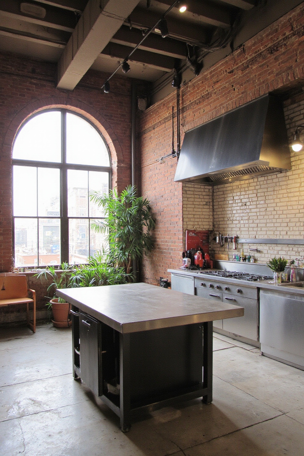 Industrial kitchen design - Contemporary Industrial Kitchen - Concrete island and red brick walls