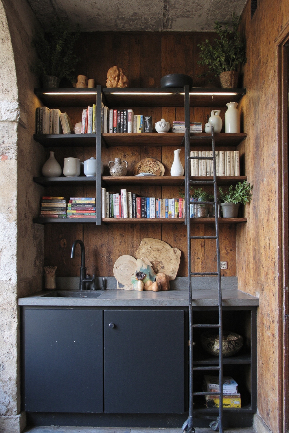 Industrial kitchen design - Library-Inspired Kitchen - Dark wood shelves and rolling ladder