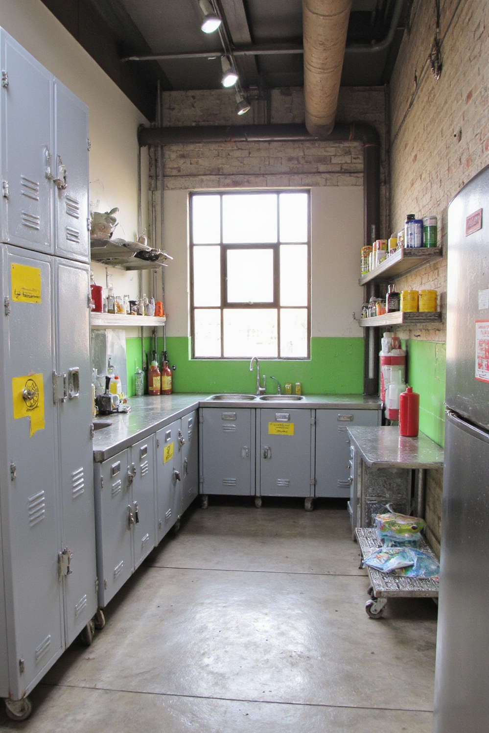 Industrial kitchen design - Dynamic Industrial Kitchen - Metal lockers and colorful accents