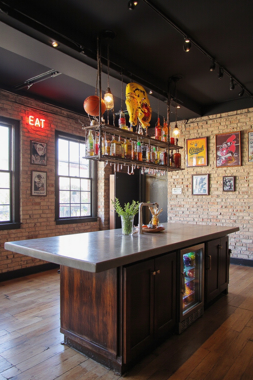 Industrial kitchen design - Entertainment Kitchen - Dark wood island and neon signs