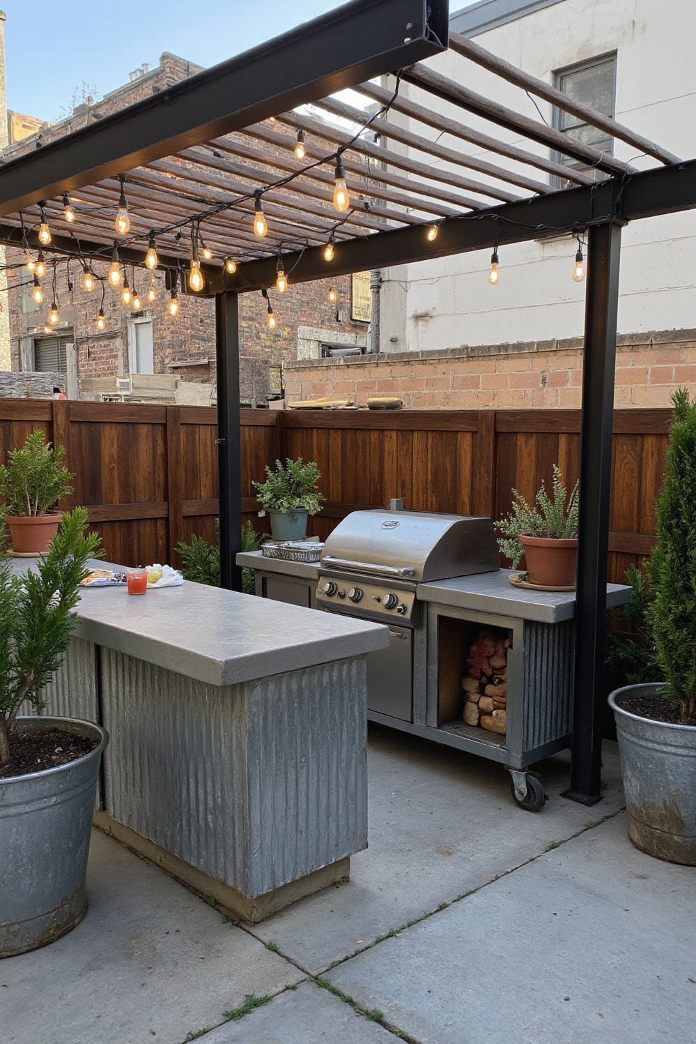 Industrial kitchen design - Outdoor Industrial Kitchen - Concrete countertop and metal bar front