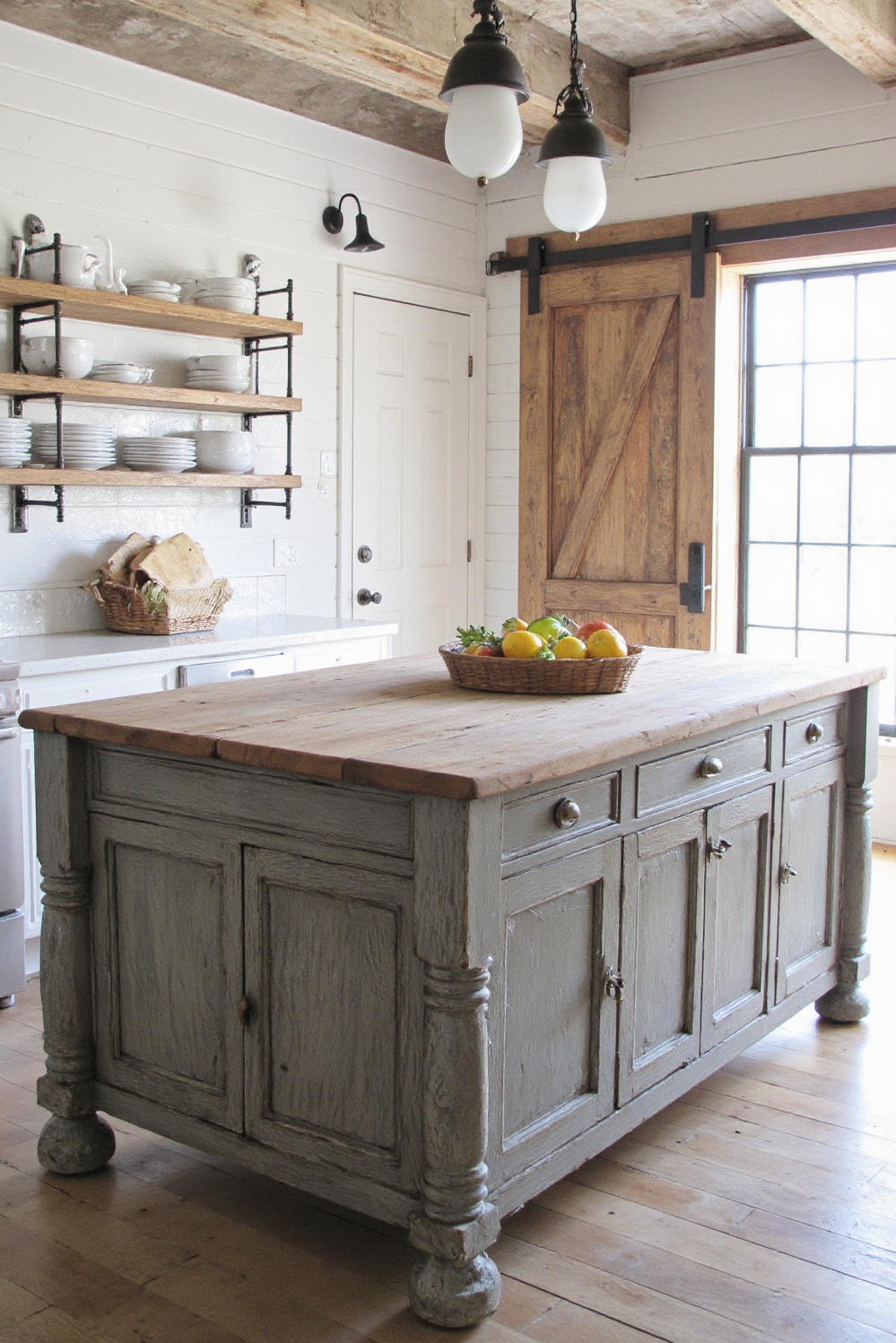 Industrial kitchen design - Rustic Urban Industrial Kitchen - Whitewashed shiplap and black metal shelving