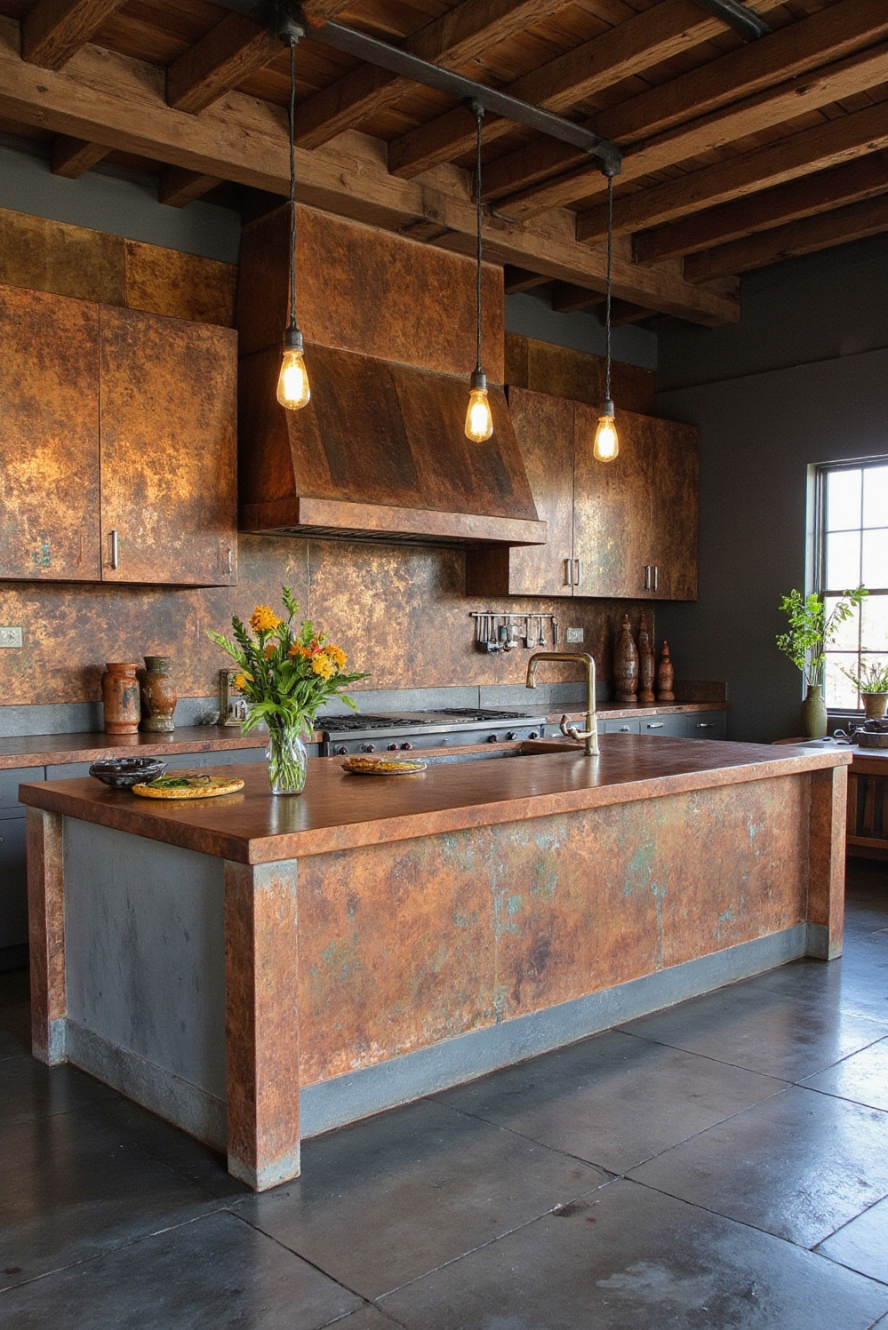 Industrial kitchen design - Copper Patina Kitchen - Aged copper backsplash and island