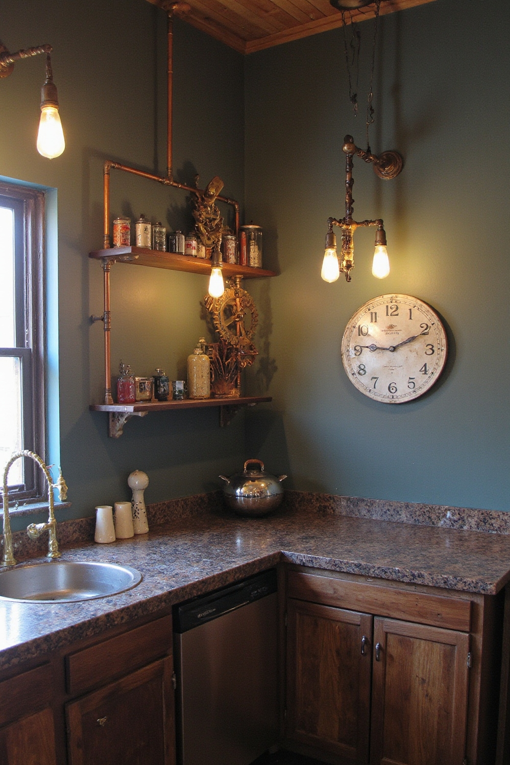 Industrial kitchen design - Steampunk Industrial Kitchen - Teal walls and copper accents