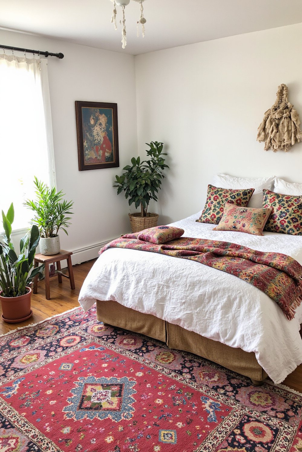 White bedroom decor ideas - Bohemian White Bedroom: Vibrant Textiles and Lush Greenery - Eclectic white bedroom with colorful accents