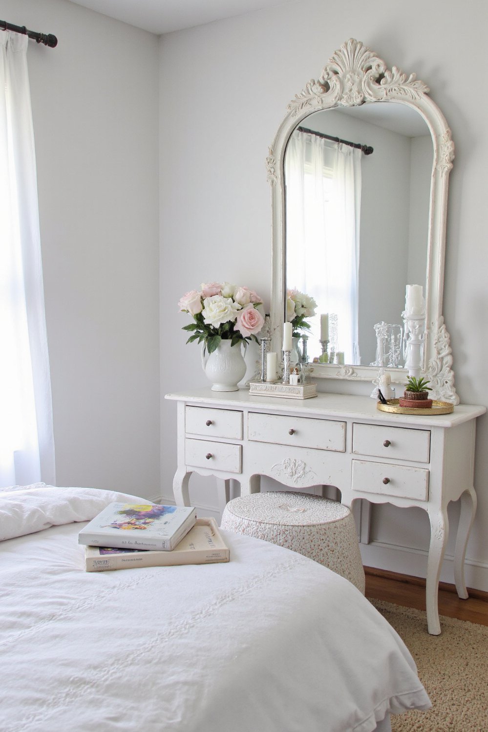White bedroom decor ideas - Vintage Elegance: White Bedroom with Classic Vanity - White bedroom with ornate vintage vanity