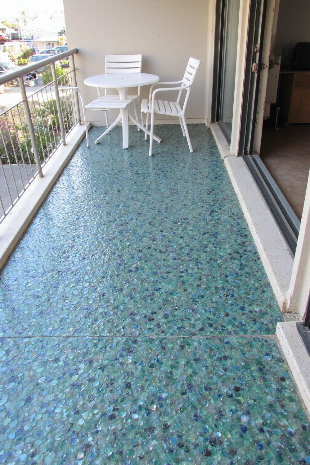 Balcony flooring ideas - Seaside Serenity: Glass Mosaic Tiles for Coastal Balcony Vibes - Create a coastal-inspired balcony with shimmering mosaic tiles...