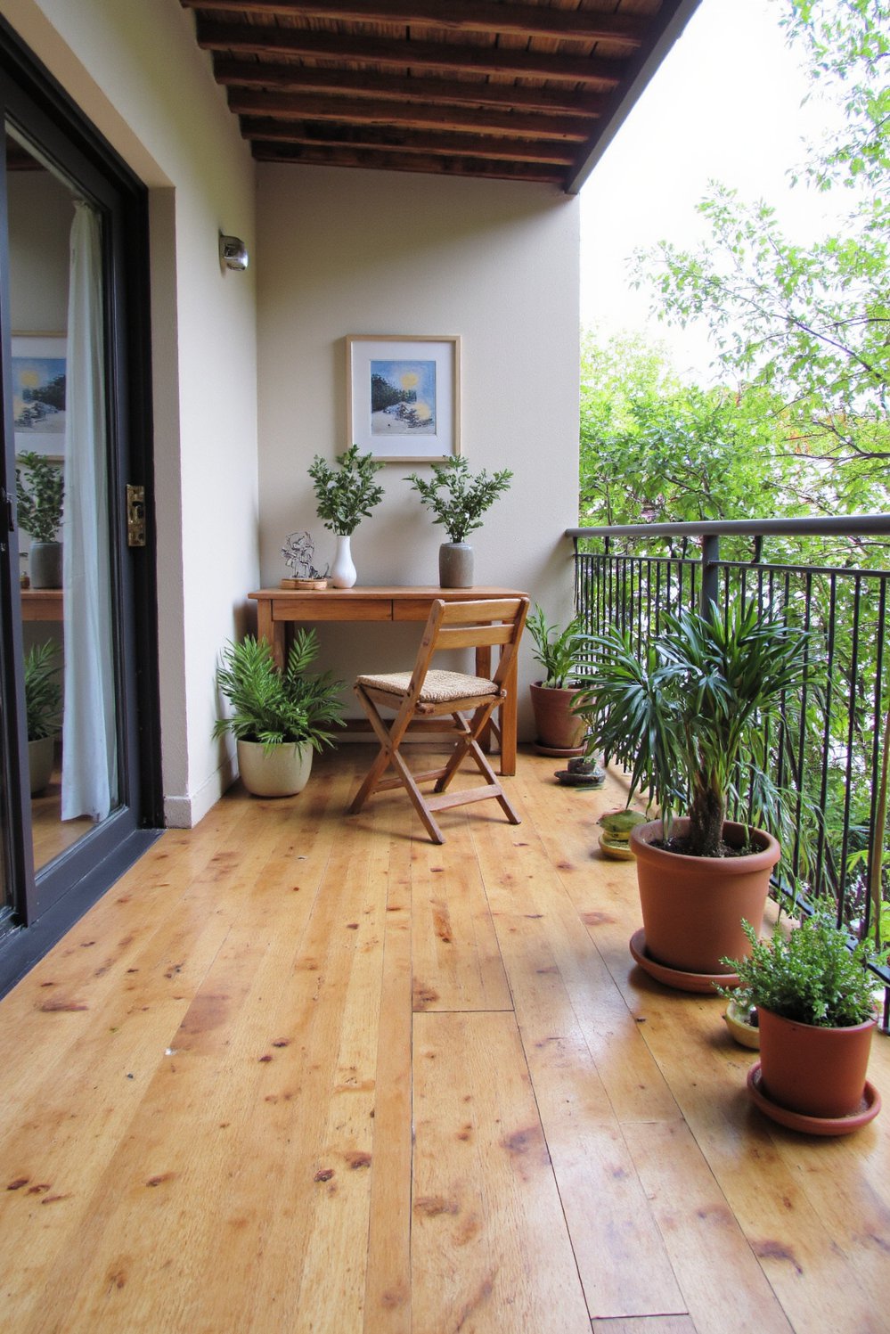 Balcony flooring ideas - Eco-Conscious Comfort: Bamboo Flooring for Small Balconies - Warm bamboo flooring for a cozy, sustainable balcony...