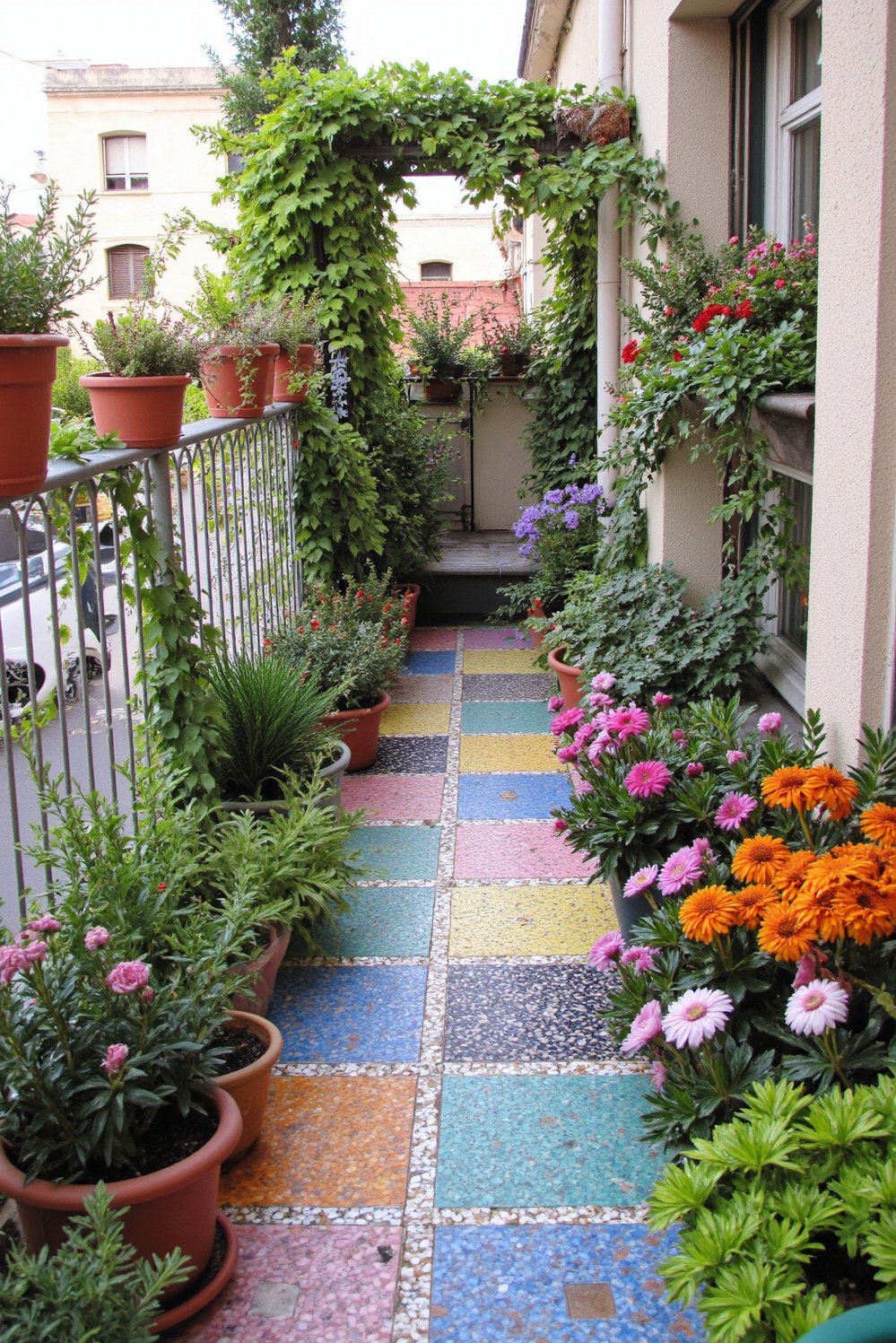 Balcony flooring ideas - Playful Color: Mosaic Tiles for a Cheerful Balcony Garden - Brighten your balcony with colorful mosaic flooring...