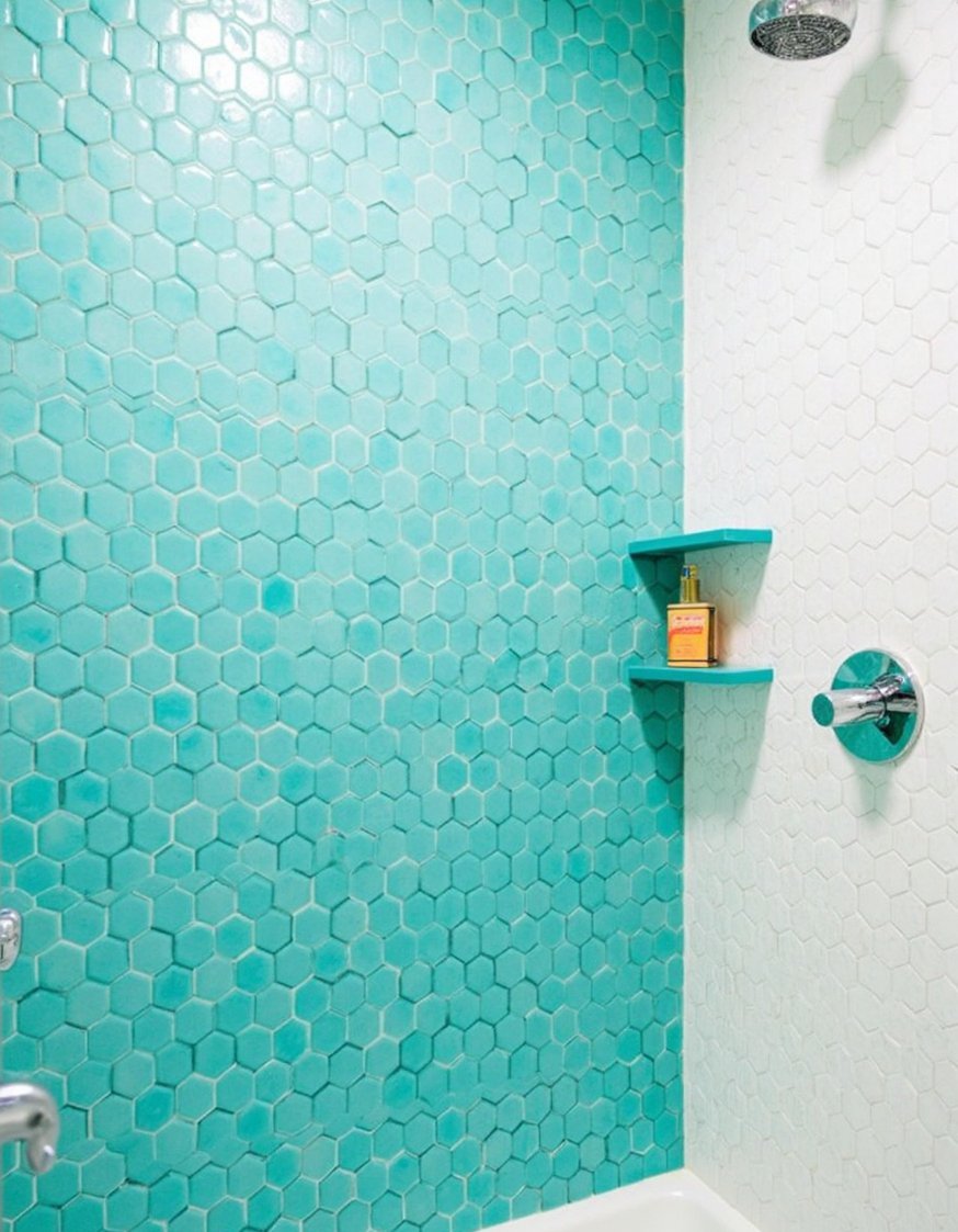 bathroom shower tile ideas - Turquoise & White Hexagon Bathroom Tile Design - This vibrant shower design uses turquoise and white...