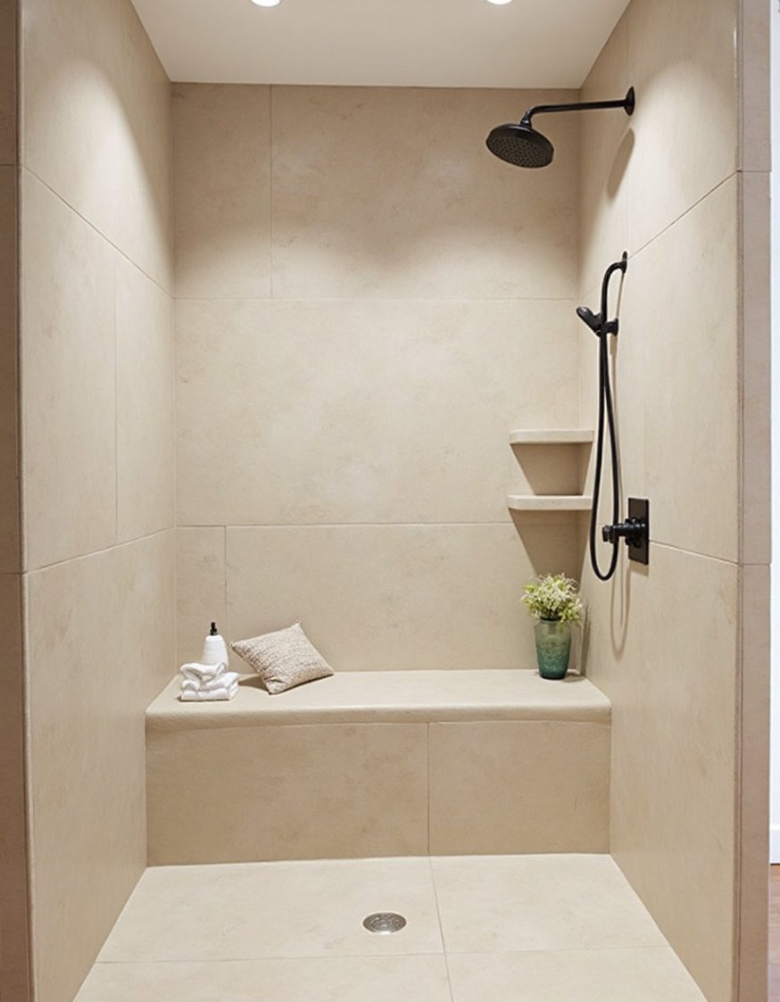 bathroom shower tile ideas - Spa-Like Beige Porcelain Bathroom Shower Design - Large format, matte beige porcelain tiles create a...