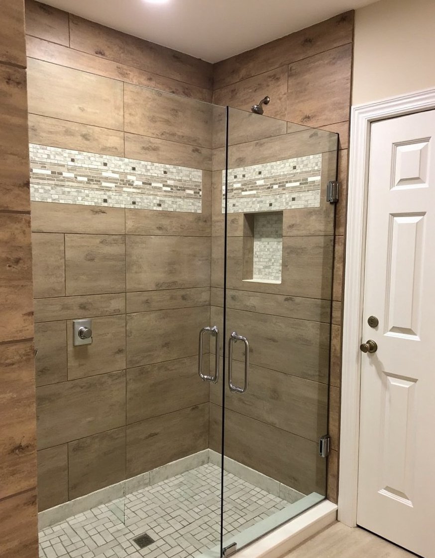 bathroom shower tile ideas - Rustic-Chic Bathroom Remodel: Wood & White Tile Shower - Rustic-chic shower tile: Reclaimed wood-look porcelain tiles in...