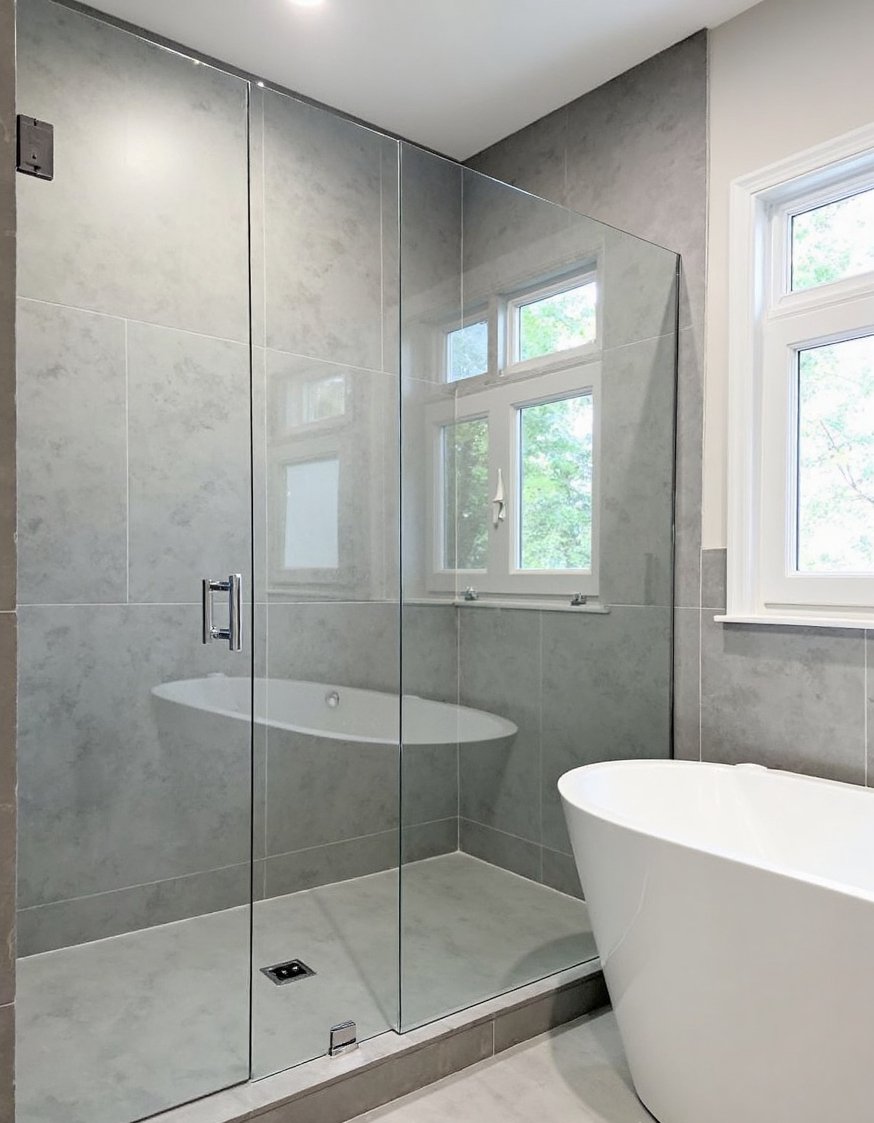 bathroom shower tile ideas - Sleek Grey Concrete Tiles: Modern Primary Bathroom Shower - Modern grey shower tiles: Large format concrete-look tiles...