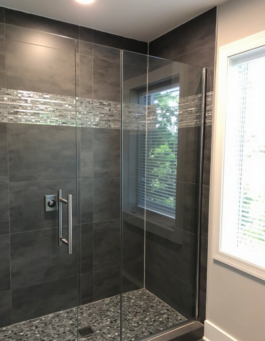 bathroom shower tile ideas - Sleek Grey & Metallic Master Bath Shower Tile Design - Sleek and modern master bathroom shower ideas. I...