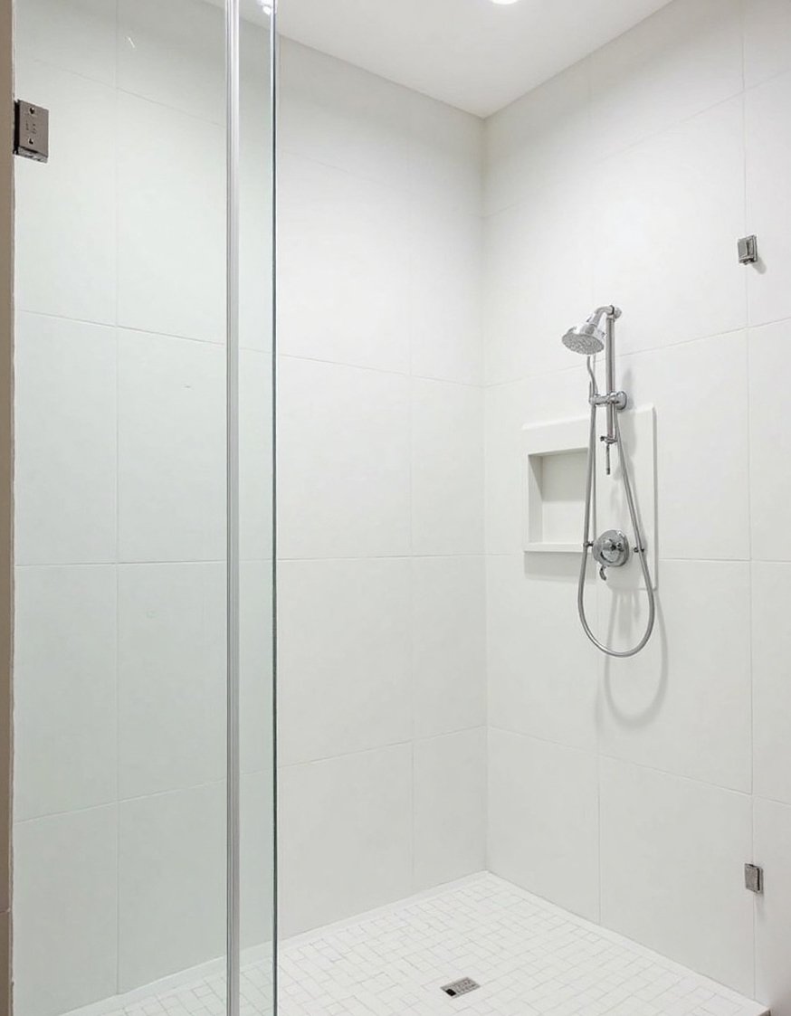 bathroom shower tile ideas - Spacious White Matte Tile Primary Bathroom Shower - Modern minimalist shower tile ideas: Large, white matte...
