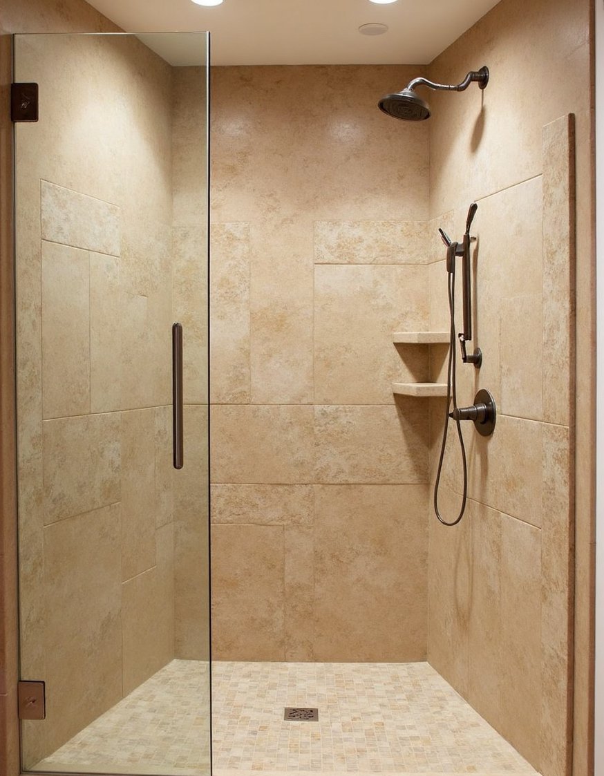bathroom shower tile ideas - Luxurious Beige Stone Tile Master Bathroom Shower - Luxury bathroom shower tile ideas: Warm beige stone...