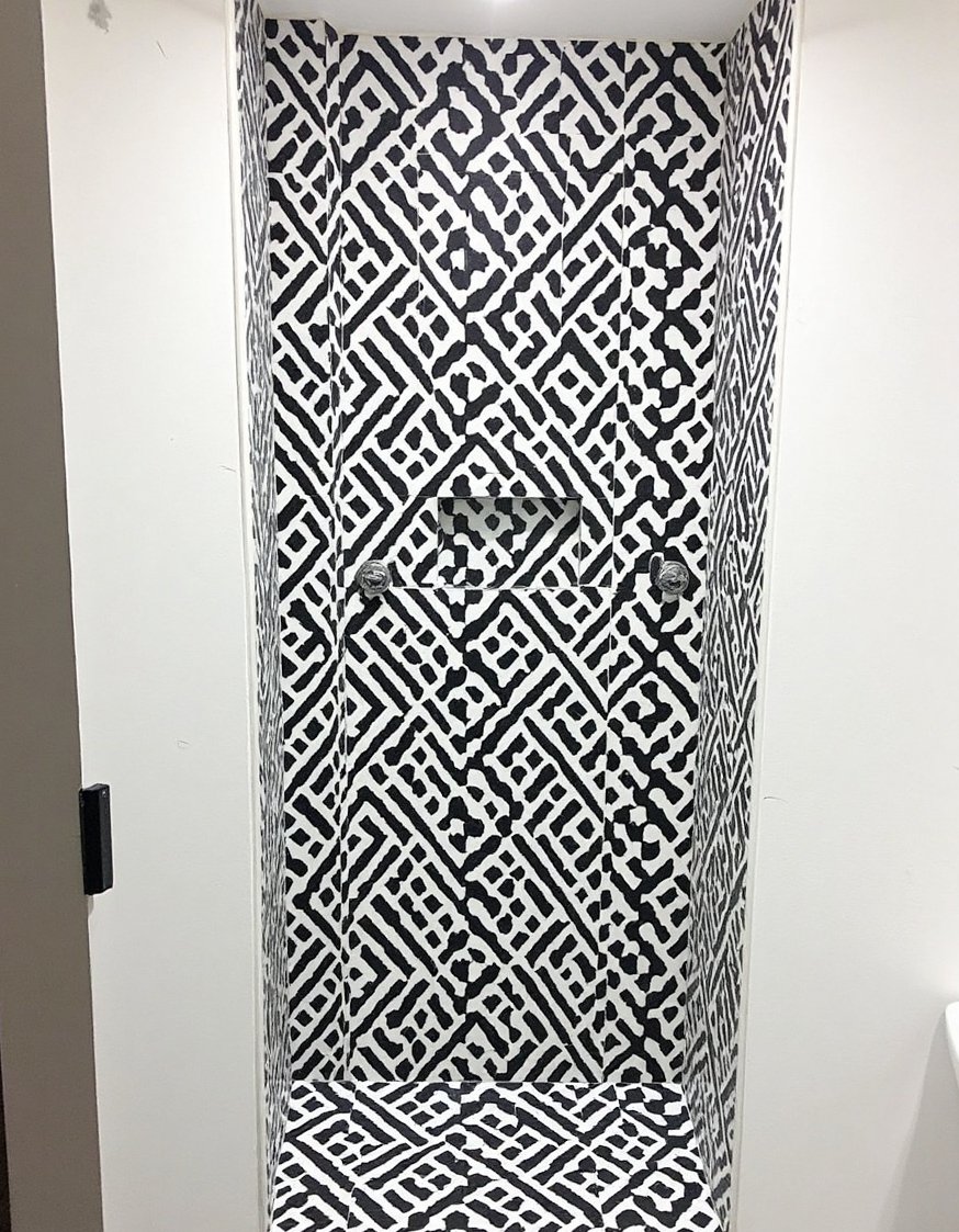 bathroom shower tile ideas - Dramatic Black & White Geometric Bathroom Tile Design - Dramatic bathroom makeover using black and white geometric...