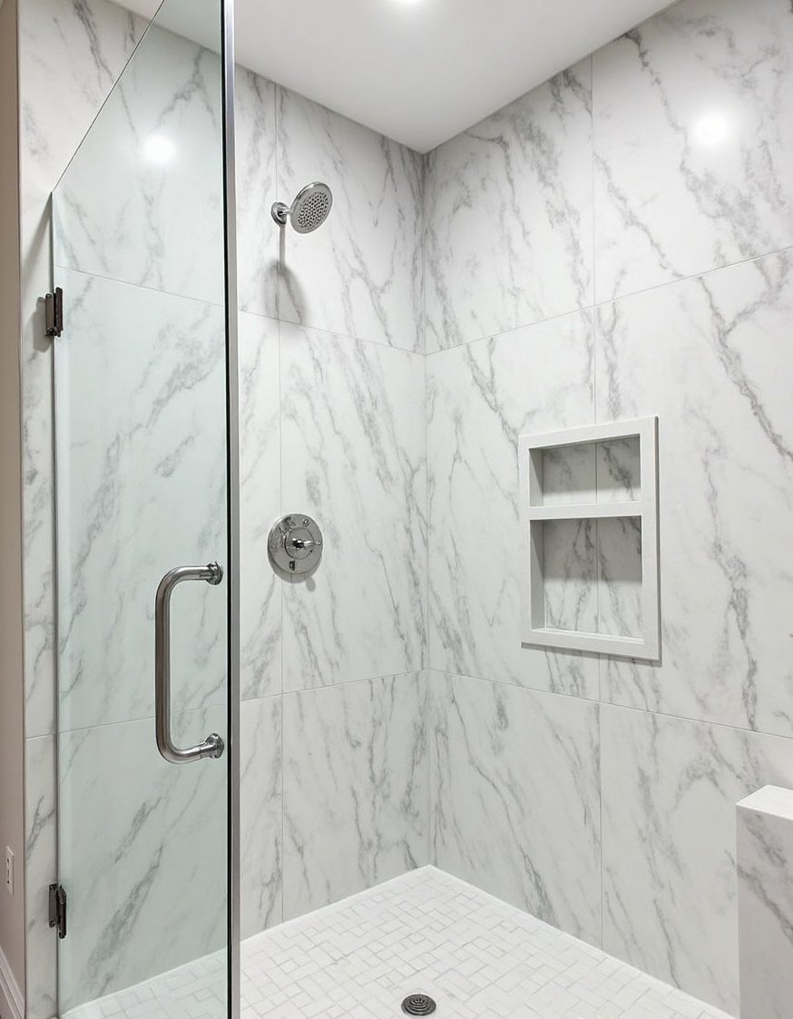 bathroom shower tile ideas - Grey & White Marble Master Bath Shower Tile Design - Glamorous master bathroom shower tile ideas using large...