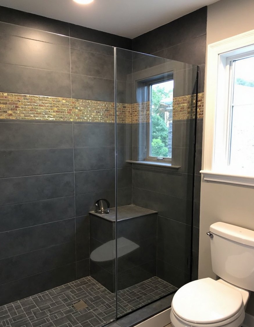bathroom shower tile ideas - Dramatic Dark Grey & Gold Primary Bathroom Shower - Dramatic bathroom shower tile ideas: dark grey matte...