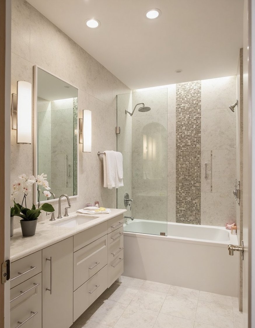 bathroom shower tile ideas - Spa-Inspired Bathroom: Calming Neutral Tile & Lighting - Spa bathroom tile ideas: Large, neutral tiles create...