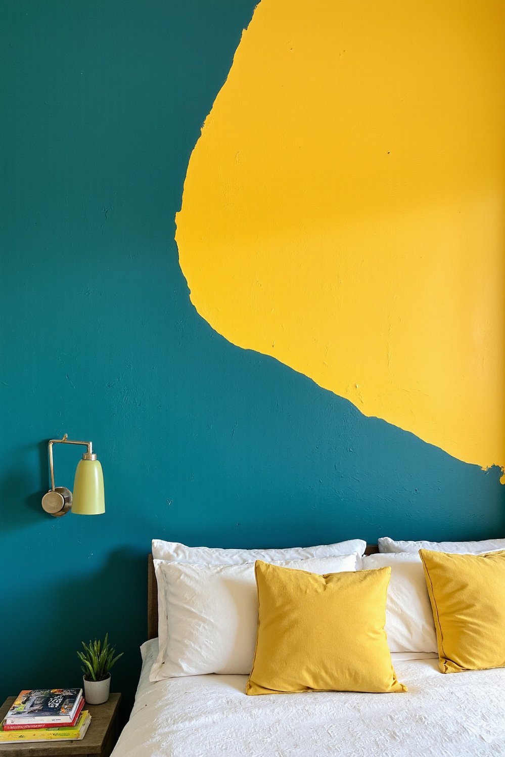 Hand painted wall pattern - Bold Teal & Yellow Brushstroke Accent Wall - Bold brushstroke accent wall! I love the energy...