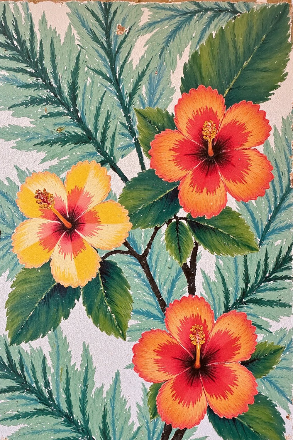 Hand painted wall pattern - Tropical Brushstroke Accent Wall with Palm Leaves - Hand-painted tropical accent wall. Palm leaves and hibiscus...