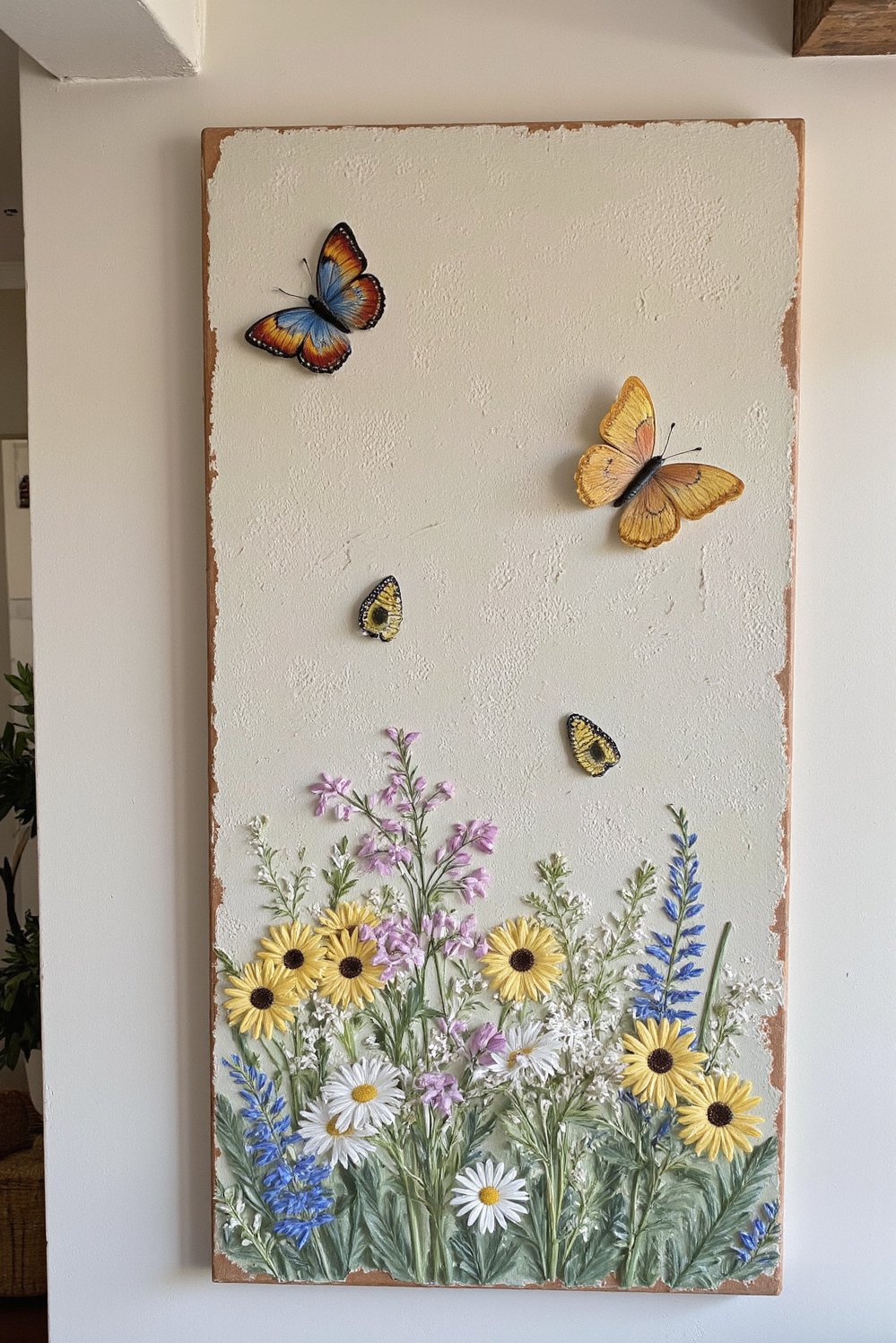 Hand painted wall pattern - Pastel Wildflower & Butterfly Wall Art - Rustic hand-painted wall design. Soft pastel wildflowers and...