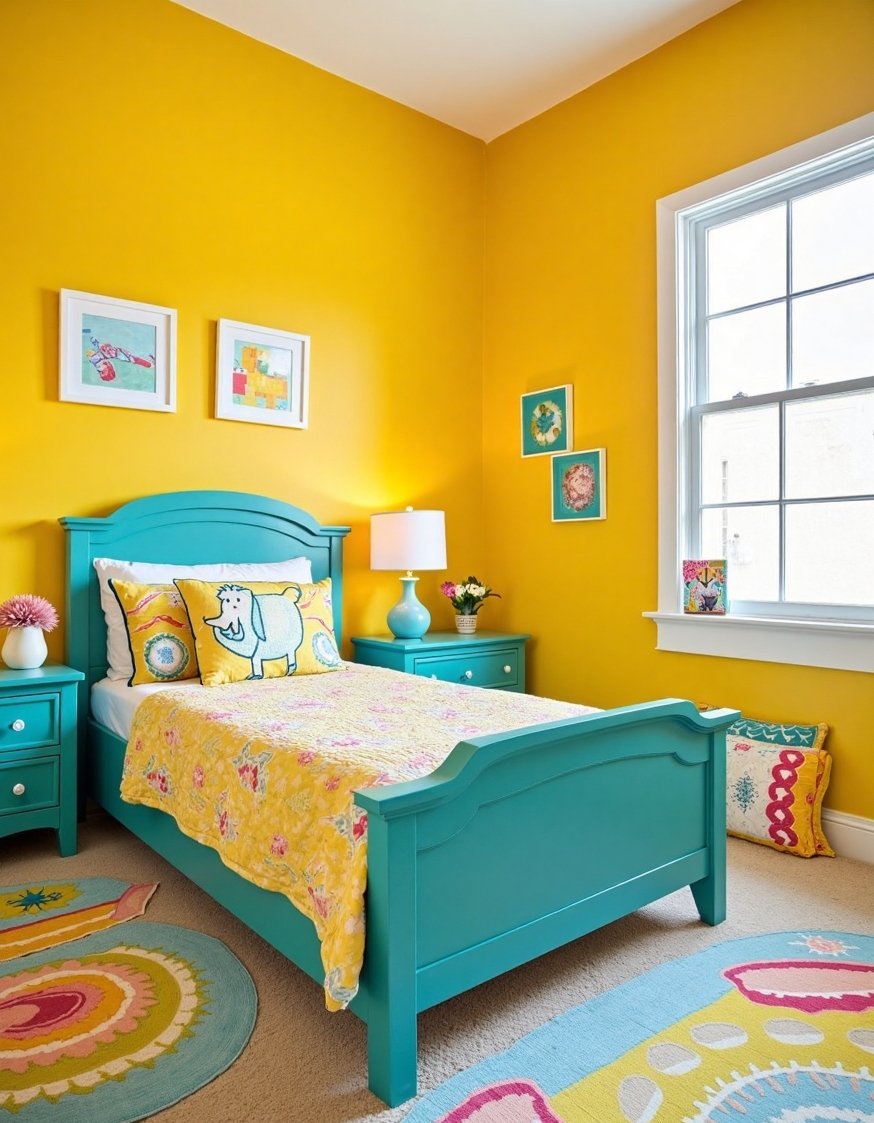 best bedroom color combination ideas - Yellow & Teal Kids' Room: Playful Bedroom Colors - Kids bedroom color ideas: Sunny yellow walls and...