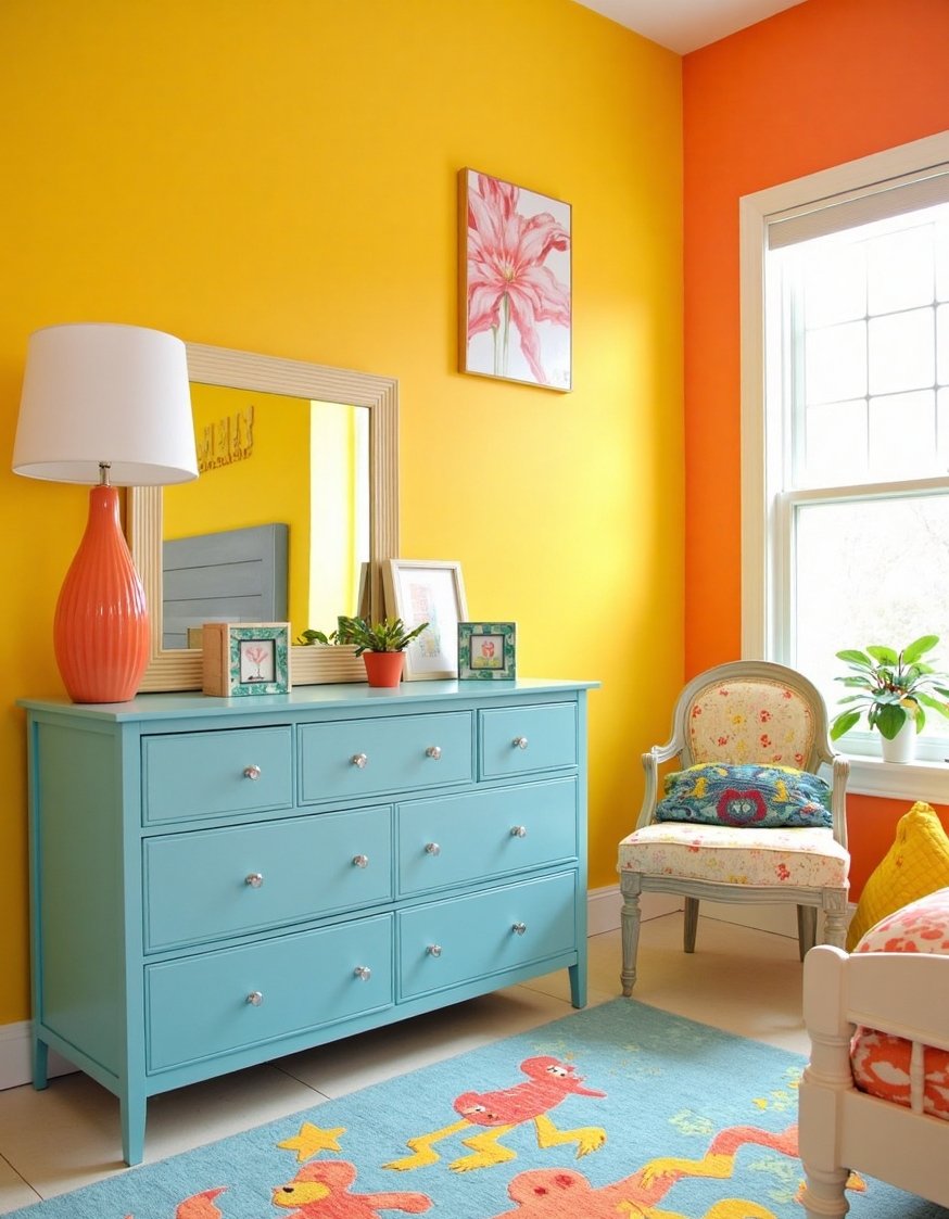 best bedroom color combination ideas - Sunny Yellow & Sky Blue Children's Bedroom - Sunny yellow walls create a vibrant kids' room....