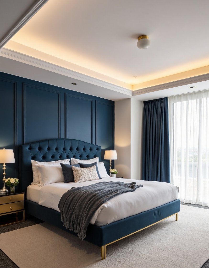 best bedroom color combination ideas - Navy Blue & Cream Bedroom: Luxurious Color Scheme - Sophisticated navy blue and white bedroom ideas: I...