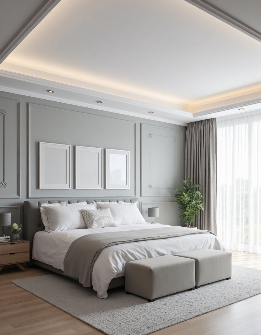 best bedroom color combination ideas - Cool Grey & White Minimalist Bedroom Design - Cool grey walls and bright white trim create...