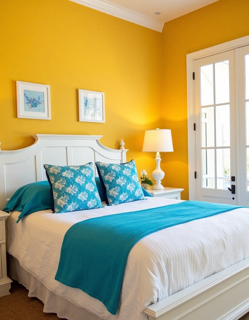 best bedroom color combination ideas - Sunny Yellow & Blue Mediterranean Bedroom - Create a sunny Mediterranean escape with yellow walls...