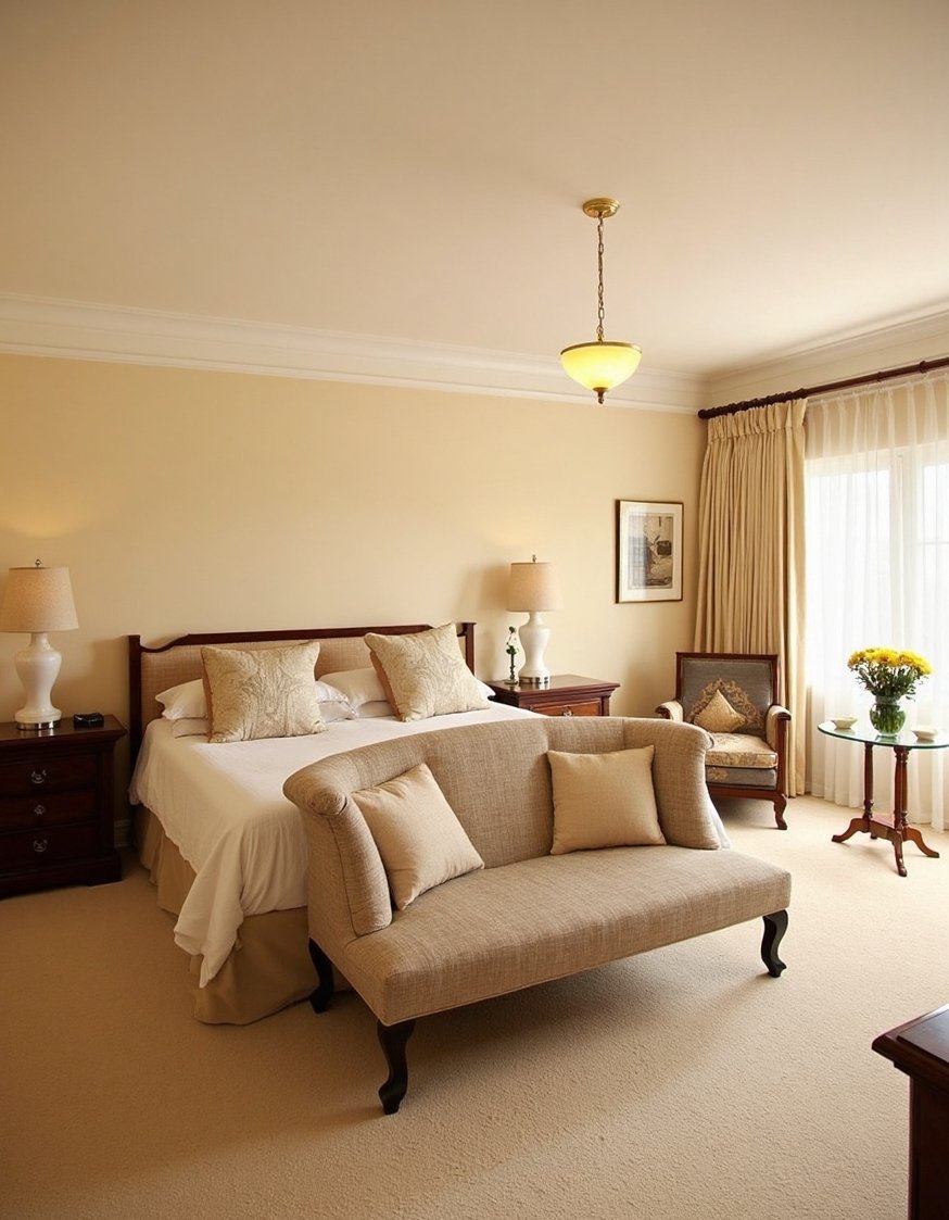 best bedroom color combination ideas - Warm Beige & Mahogany Traditional Bedroom Design - Soft beige bedroom: A calming and classic color...