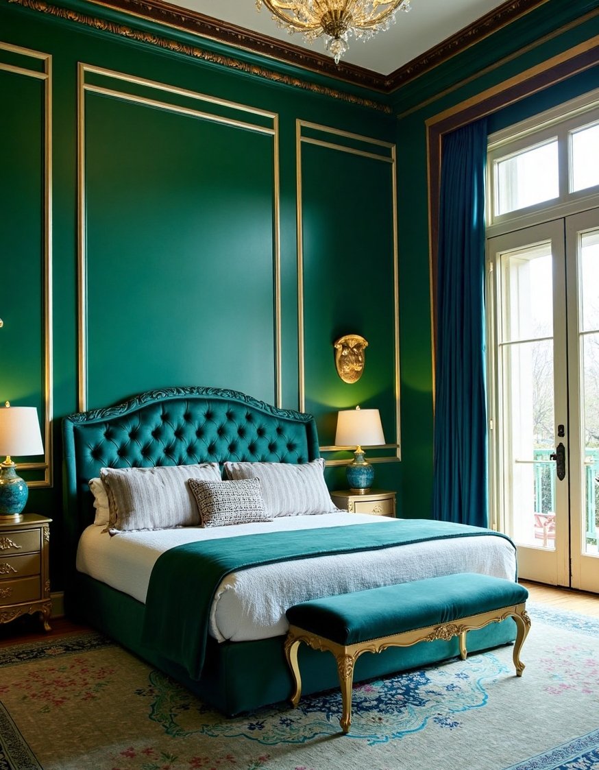best bedroom color combination ideas - Glamorous Emerald & Sapphire Bedroom Design - Jewel-toned bedroom: Emerald green and sapphire blue walls...