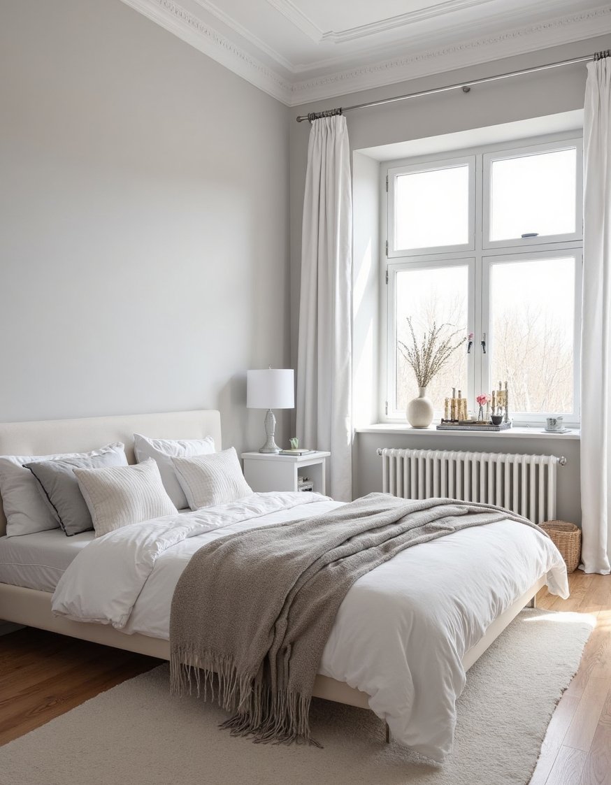 best bedroom color combination ideas - Light Grey & White Scandinavian Bedroom - Light grey walls and white furniture create a...