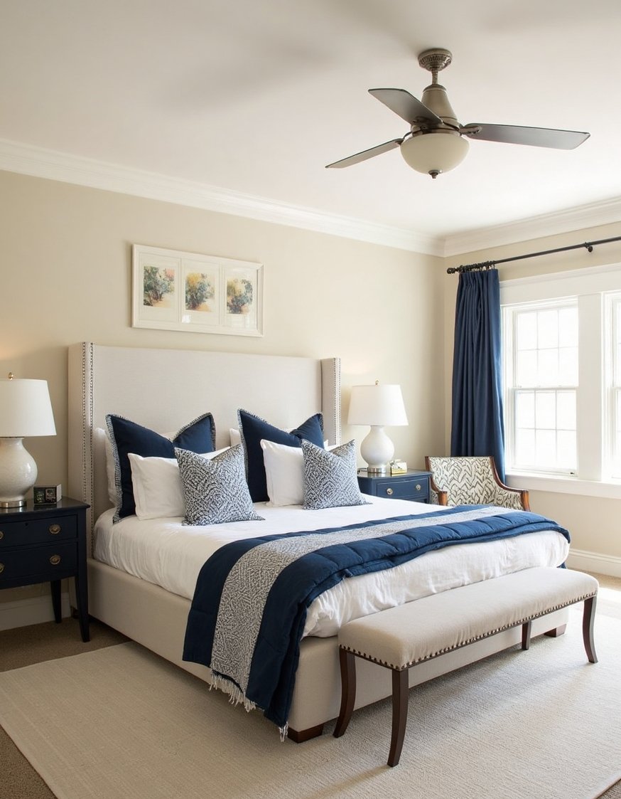best bedroom color combination ideas - Navy, Beige & White: Relaxing Bedroom Color Combination - Calming beige bedroom walls create a serene space....